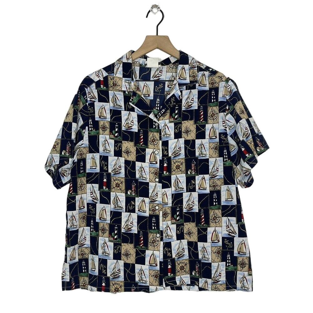 Vintage Bon Worth Womens Size Petite L Nautical Button Shirt Boats Lighthouse